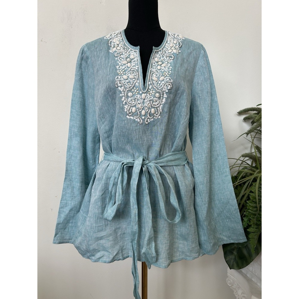 Lafayette 148 New York Blue Linen Embroidered Tunic Top 14 Boho Luxury Coastal